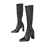 HJGTTTBN Zapatos de Mujer Woman‘s Knee-Hig Boots Hot Black Leather Square Toe Zipper High Heel Thin Fashion Banquet Footwear Handmade Shoes (Color : Velvet, Size : 35 EU)