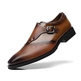 SANNAX Zapatos Formales Hombre de Material Sintético Premium - Calzado de Vestir con Hebilla para Bodas, Eventos y Negocios (Textura de Cuero), Marrón, 42 EU