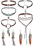 JeweBella 7PCS Collares Bohemios para Mujer Vintage Plumas Pendientes Colgantes Hechos a Mano Collar Gargantilla Turquesa Cuentas de Cuero Collar Bohemio Tribal Regalo de Joyería