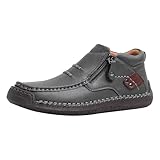 Zapatos de piel para hombre, hechos a mano, planos, antideslizantes, transpirables, clásicos, de negocios, con cremallera, extraanchos, amortiguadores, informales, para exteriores, gris, 40
