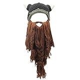 Xinqiao Gorro vikingo con barba falsa hecho a mano para hombre, gorro divertido con cuernos, Coffee Beard, Taille unique