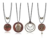 Finrezio 4 Piezas Collares De Madera Marrón para Mujer Hecho a Mano Collar De Suéter Largo Conjunto Bohemio Vintage Collares Largos Collares De Madera Libélula Árbol De La Vida Collar En Capas
