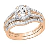 Dazzlingrock Collection Juego de anillos de boda redondos de 0,98 quilates (ctw) con forma de halo de diamantes blancos redondos con mango dividido para mujeres de en oro de 14 K quilates