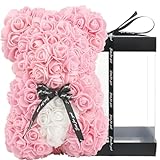 Oso de peluche hecho a mano, oso de peluche, oso de rosa, regalo para ella, regalos de amiga, regalos para mujeres, caja de regalo transparente de 10 pulgadas (color rosa claro)