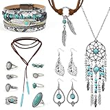 Byfoyif 14 PCS Joyas Turquesas Bohemias para Mujer, Icluye 3 Collares de Bohemio, 2 Pares de Pendientes con Colgantes, Pulseras Bohemia, 8 Anillos con Cuentas Turquesas de Boho para Mujeres